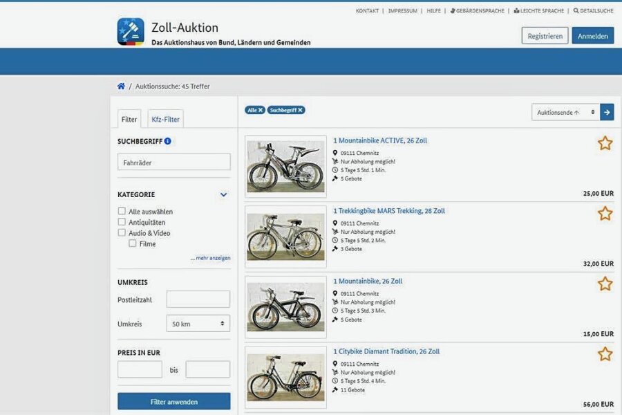 Chemnitzer Fundbüro versteigert nicht abgeholte Fahrräder - Auf der Internetplattform Zoll-Auktion können Fundfahrräder ersteigert werden. 