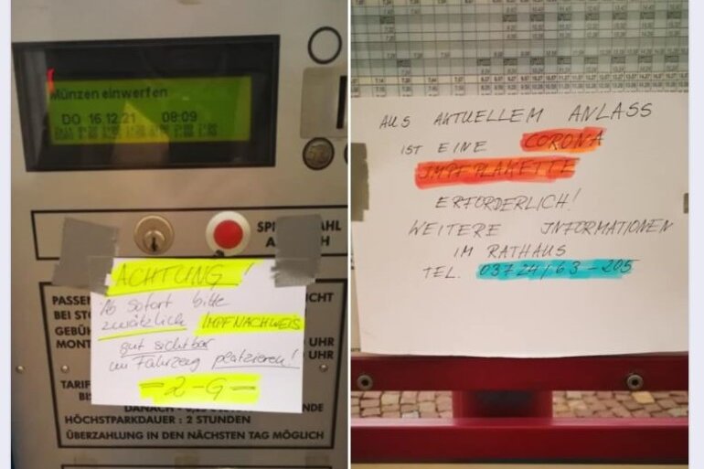 Corona: Illegale Aufkleber auf Parkscheinautomat in Burgstädt - 