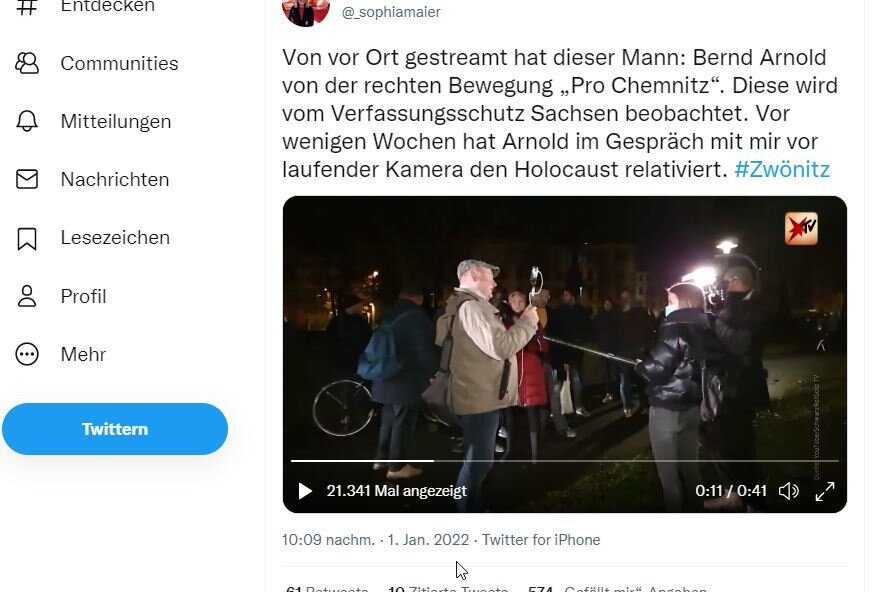 Wenige Wochen nach dem Interview mit Bernd Arnold twitterte die Stern-Reporterin über den Vorfall. 