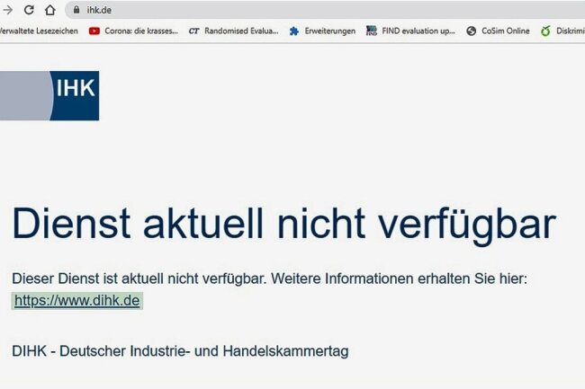 Cyberattacke legt IHK bundesweit lahm - Knappe Anzeige auf der Webseite der IHK Chemnitz. 