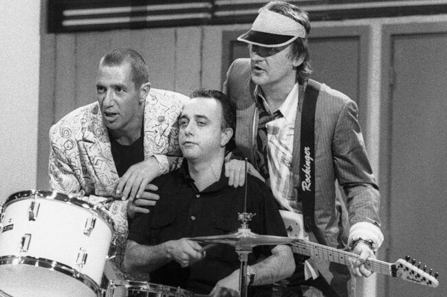 Die Band Trio 1985 im Fernsehen bei "Wetten, dass..?": Stephan Remmler, Peter Behrens und Gerd "Kralle" Krawinkel (von links). 