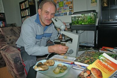 Das ganze Jahr ist für ihn Pilzsaison - 
              <p class="artikelinhalt">Sachverständiger Jörg Oehme aus Flöha beim Mikroskopieren von Pilzsporen. Der Naturfreund ist das ganze Jahr über auf Pirsch und arbeitet außerdem an einem Pilzatlas mit. </p>
            
