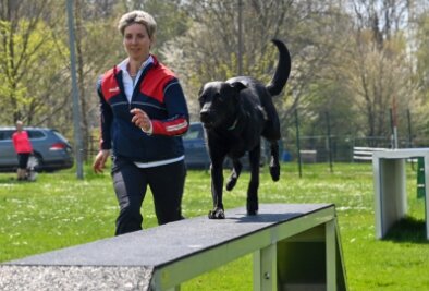 Das ist der Renner: Leichtathletik mit Hund - Kerstin Erba mit Labrador Cayenne auf der Hindernisbahn auf dem Übungsplatz an der Friedrich-Schlöffel-Straße 42. 