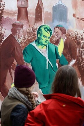 Das Kunstschwellenland - Besucher der Galerie Eigen+Art in Leipzig bei einem früheren Rundgang vor dem Gemälde "Der Landgang" von Neo Rauch. Der Maler gilt als Star, seine Werke verkaufen sich teuer.