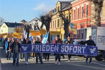 Demo im Vogtland fordert das Verbot aller Waffen - Eine Forderung nach dem Verbot aller Waffen weltweit haben die Teilnehmer der Demo 5. Vogtländischer Spaziergang am Samstagnachmittag in Treuen unterstützt. 