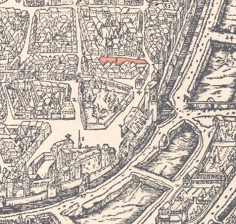 Den Dominikanern auf der Spur - 
              <p class="artikelinhalt">Dieser Stadtplan von 1554 ist die einzige Überlieferung des Standortes vom einstigen Dominikanerkloster (rot gekennzeichnet) in Freiberg. </p>
            
