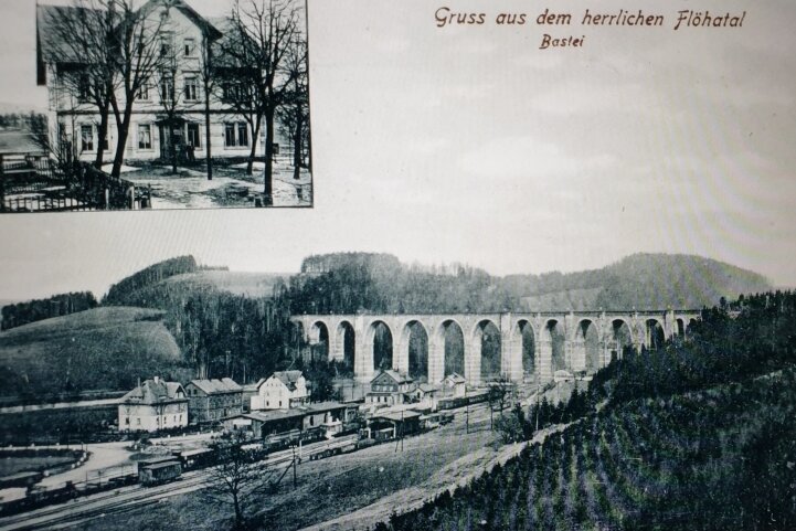 Der kleine Ort neben der großen Brücke - Hetzdorf 1916: ein Eisenbahn-Knotenpunkt mit ein paar Häusern. Hervorgehoben ist das Gebäude der Seilwarenfabrik Fischer. 