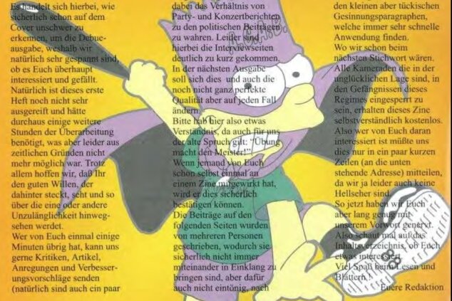  Nazi-Humor: Bart Simpson mit Keule, Kapuze und Stiefeln, auf deren Sohle die 88 prangt, Szene-Code für den Gruß "Heil Hitler". Das von Uwe Mundlos entworfene Bild wurde in Jan W.s Szene-Blatt "White Supremacy" veröffentlicht. 