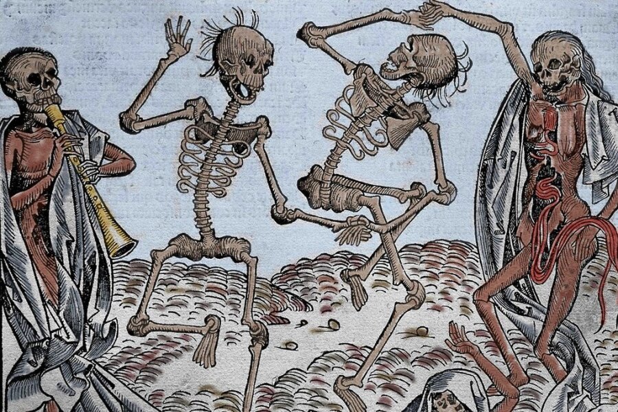 Der Tod und die Musik: Zurück zu den Schatten - Dem Schnitter ein Schnippchen? Berühmte "Totentanz"-Darstellung auf einem Holzschnitt des Malers Michael Wolgemut aus der 1493 in Nürnberg erschienenen "Schedelschen Weltchronik". 