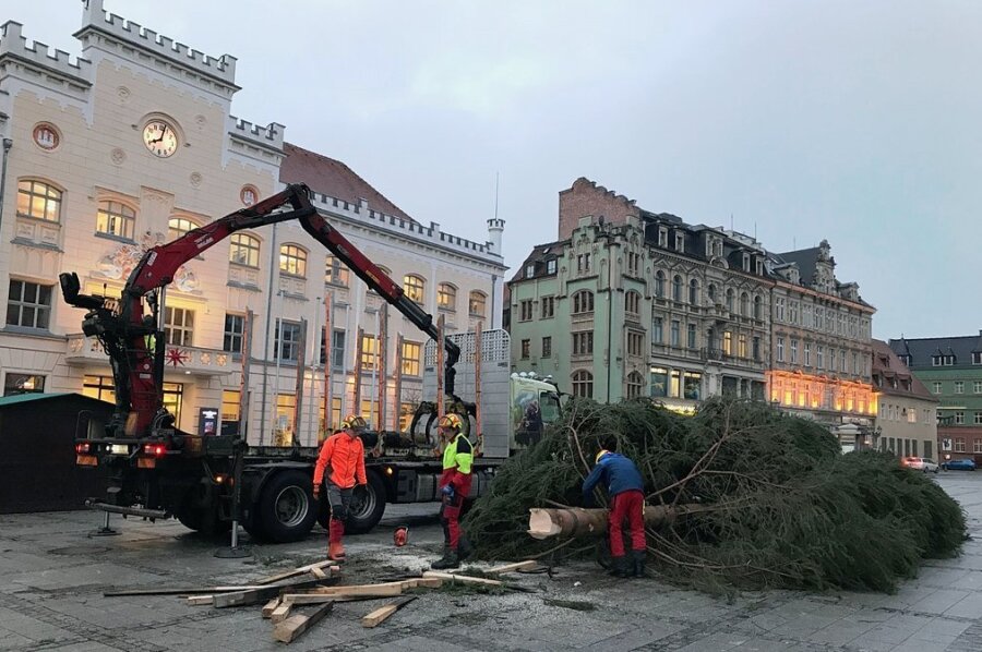 Auf dem Zwickauer Hauptmarkt ist am Dienstagfrüh der Weihnachtsbaum abgebaut worden. 