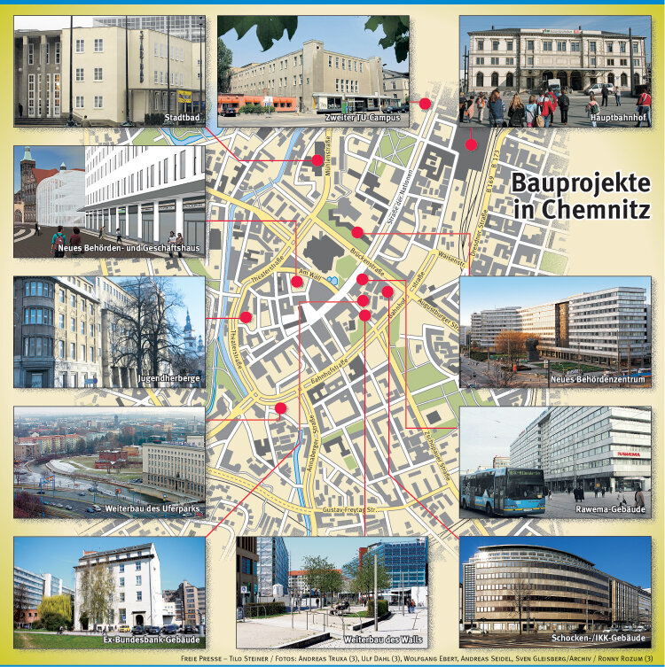 Die City bekommt ein neues Gesicht: Chemnitz und ihre Baustellen - Viele Millionen Euro fließen derzeit in ambitionierte Bauprojekte. Zukunftsmusik sind noch ein zweiter TU-Campus und der Weiterbau des Uferparks.