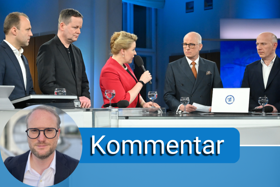  Berlin: Die Spitzenkandidaten von FDP, Linke, SPD und CDU, Sebastian Czaja (v.l), Klaus Lederer, Franziska Giffey und Kai Wegner stehen mit Moderator Volker Wieprecht (2.v.r) im RBB-Wahlstudio im Abgeordnetenhaus.