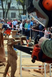 Die fabelhafte Welt der Gelenauer Tierwesen und Siedler aus Holz - Beim Speedcarving-Wettbewerb hatten die Künstler 45 Minuten Zeit, aus einem Holzblock eine Skulptur zu kreieren. Steffen Rupf (vorn) aus Adorf erweckte dabei ein kleines Erdmännchen zum Leben. 