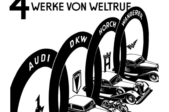 Die Geburtsstunde der berühmten vier Ringe, dem heutigen Audi-Logo, war die Gründung der Auto Union Chemnitz im Jahr 1932 - eine aus der Not der Wirtschaftskrise heraus geborene Fusion, die Geschichte schrieb. Hier auf einem Werbeplakat von 1933.