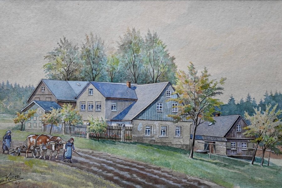Die höchstgelegene Ausstellung des Vogtlands - Im Jahr 1947 entstand dieses Bild von Alwin Künzel vom Haus Sorge Nr. 21. In der Kleinsiedlung zwischen Bärendorf, Hohendorf und Bad Brambach wurde der Künstler selbst 1873 geboren.