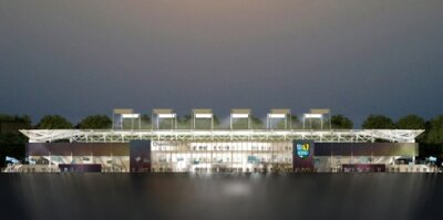 Der Entwurf des neuen CFC-Stadions an der Gellertstraße: Die Arena soll um das bestehende Spielfeld gebaut werden, über 15.000 Plätze und einen komplett überdachten Zuschauerbereich verfügen. 