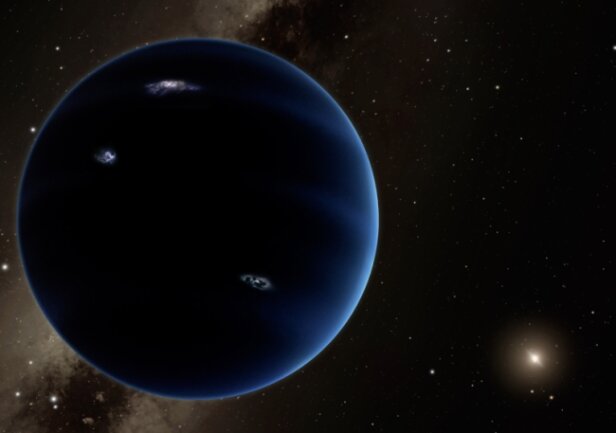 Die Suche nach dem Neunten - So könnte unser Neunter aussehen. Die Computeranimation zeigt zum einen den Planeten, den Wissenschaftler als den neunten unseres Sonnensystems errechnet haben wollen, und zum anderen, wie groß die Entfernung von diesem Planeten zur Sonne ist. Der Planet ist den Berechnungen zufolge gasförmig, ähnlich wie Uranus and Neptun.