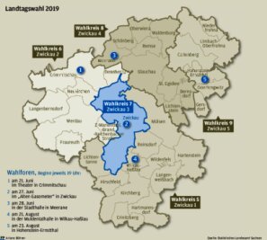 Direktkandidaten zur Landtagswahl zugelassen - Die Wahlkreise im Landkreis Zwickau (die blauen Zahlen verweisen jeweils auf die Termine der Wahlforen, die in jedem Wahlkreis mit den jeweiligen Direktkandidaten stattfinden).