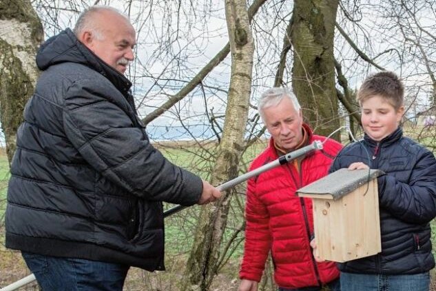 Dorfverein engagiert sich für Vogelschutz - Rüdiger Partzsch, Gottfried Wendrock und Theo Schellenberger (v.l.) vom Dorfverein Lauta beim Aufhängen der Nistkästen. 