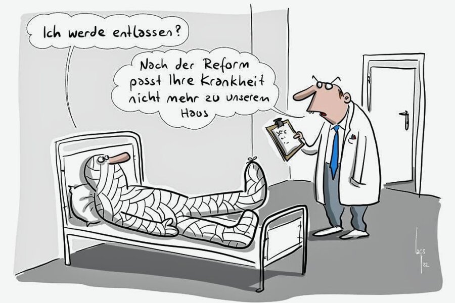 Drohende Klinik-Abstufungen durch Lauterbachs Krankenhaus-Reform: Jetzt wird das Szenario fürs Vogtland auch öffentlich diskutiert - Die geplante Krankenhausreform ist nicht lustig. Dennoch bringt diese Karikatur das Thema auf den Punkt.