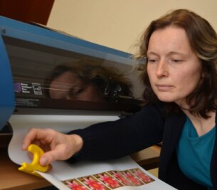 Drucke gehen in alle Welt - Die Mediengestalterin Marion Steinhardt arbeitet am neuen Digitaldrucker. Die Textildruckerei Lunzenau arbeitet nicht nur mit Stoffen, sondern stellt auch Firmenschilder oder Aufkleber her.