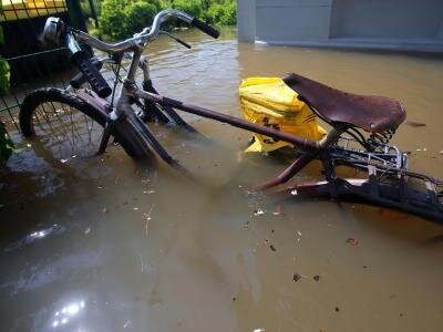 Fahrräder stehen in Magdeburg in der vom Hochwasser der Elbe überfluteten Bleckenburgstraße im Wasser.