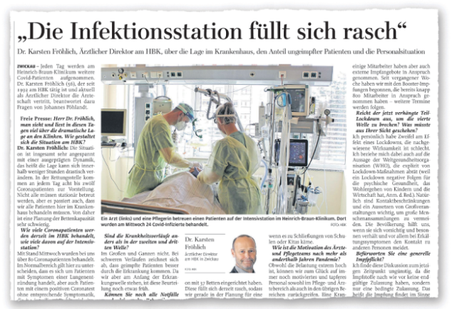 Ein Arzt-Interview und seine Folgen - Dieses am 27. November in der "Freien Presse" erschienene Interview mit Dr. Karsten Fröhlich, dem Ärztlichen Direktor des HBK, hat innerhalb und außerhalb des Krankenhauses hohe Wellen geschlagen. 