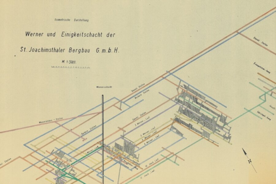 Ein detaillierter Blick in die Hölle - Die isometrische Darstellung aus dem Jahr 1943 gibt einen Überblick über die untertägigen Anlagen des Joachimsthaler Bergbaus. Verschiedene Farben stehen für verschiedene Sohlen.