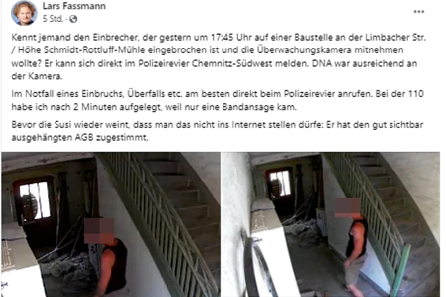 Einbruch in leerstehendes Haus in Chemnitz-Rottluff: Unternehmer sucht über Facebook nach Täter - Screenshot vom Facebook-Kanal des Investors Lars Fassmann mit Bildern der Überwachungskamera.