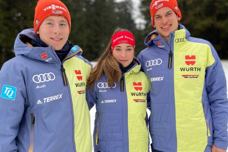 Eine andere Atmosphäre - Ein Trio vertritt den Oberwiesenthaler Stützpunkt in Norwegen: die Skilangläufer Luca Petzold, Linda Schumacher und Jannis Grimmecke (v. l.). Teils haben sie ein umfangreiches Wettkampfprogramm vor sich. 
