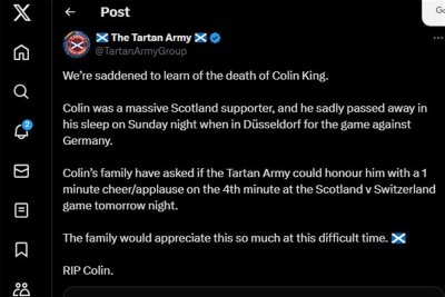 Eine Minute Applaus bei Fußball-EM: Schotten trauern um Fan Colin King - In diesem Post auf X kündigt "The Tartan Army" die emotionale Aktion an diesem Mittwochabend im Kölner Stadion an. Foto: Screenshit/X
