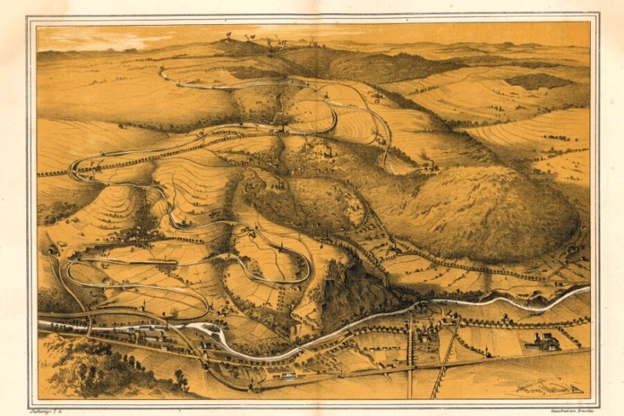 Eine Steinkohlebahn, die sonntags Ausflüglern diente - Die Lithografie von 1860 zeigt den Streckenverlauf der Windbergbahn.