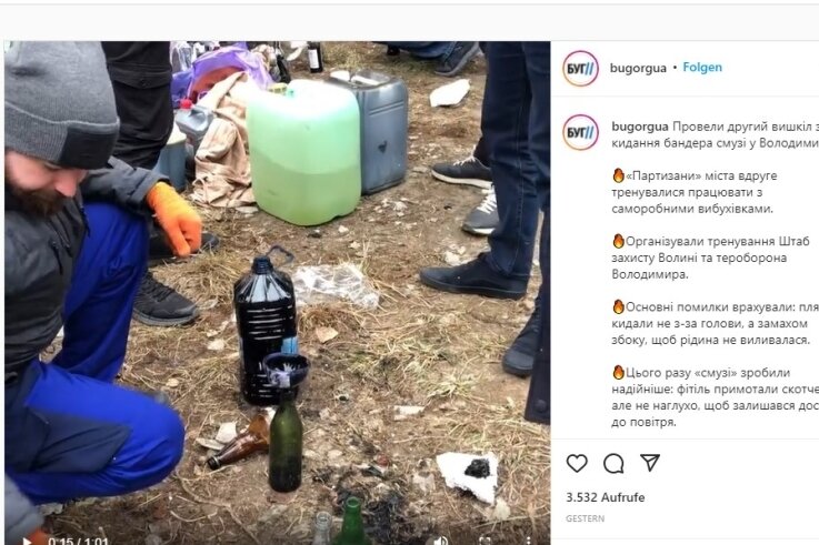 Ein Video auf Instagram zeigt Zivilisten beim Anfertigen von Molotow-Cocktails und weiteren Sprengsätzen.