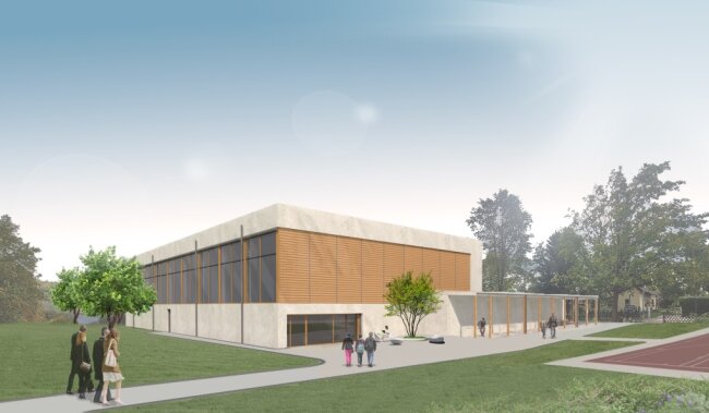 Die neue Sporthalle im Modell: Es ist das Herzstück des elf Millionen Euro teuren, künftigen Schulcampus Leukersdorf . Wann alles fertig ist, ist offen.