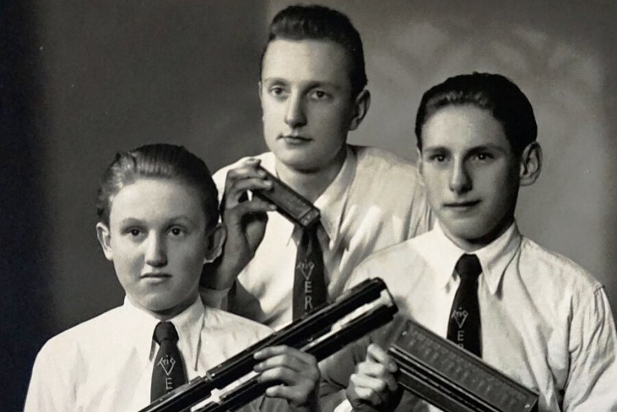 Das Vermona-Trio aus Klingenthal 1956 mit Gottfried Trautzsch (links), Gerhard Plesch (Mitte) und Karl-Heinz Hoyer.