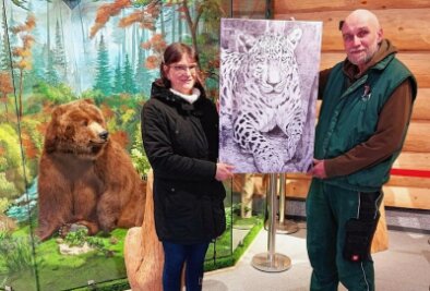 Erinnerung an Leopard: Tierpark erhält XL-Porträt - Hobbymalerin Steffi Sandner und Tierparkchef Tino Richter mit dem Porträt des Leoparden Assir, der über 20 Jahre eine Attraktion im Tierpark Klingenthal war - wie auch Grizzly-Dame Ulla.