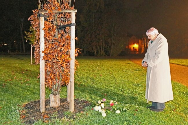 Erinnerung an NSU-Opfer: Claudia Roth legt Blumen an Zwickauer Gedenkbäumen nieder - Claudia Roth steht in Zwickau vor dem Gedenkbaum für Enver Şimşek. Er war das erste Mordopfer des rechtsradikalen Terrortrios NSU. 