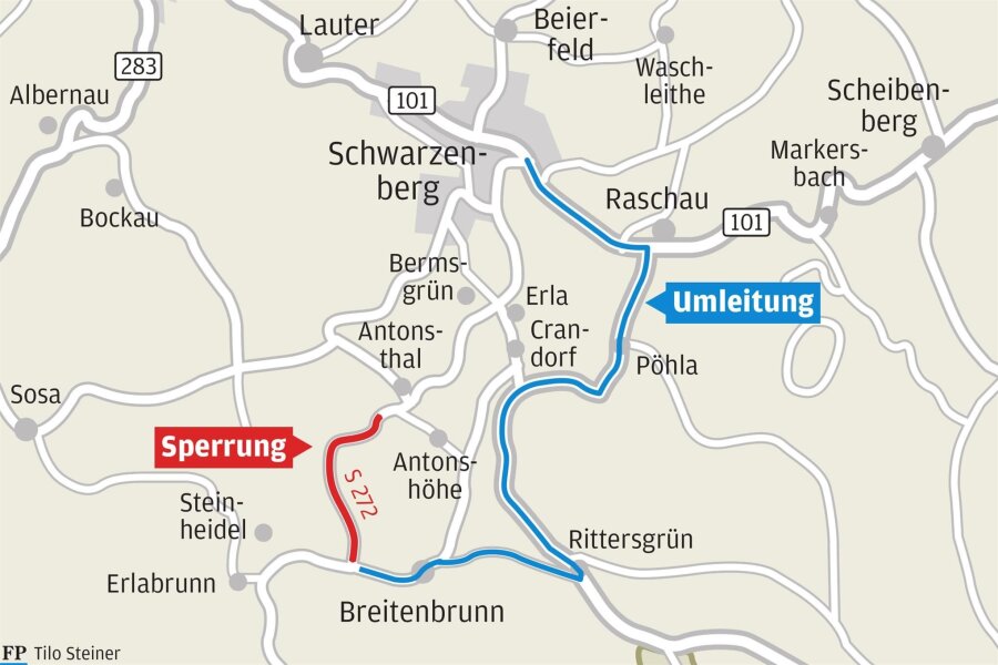 Erneut weiträumige Umleitung im Erzgebirge: Staatsstraße wegen Bauarbeiten drei Monate dicht - Vom 1. Juli bis Ende September gibt es eine weiträumige Umleitung wegen der Sperrung in Breitenbrunn.