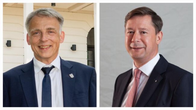 Volker Tolkmitt (l.) und Andreas Schmalfuß, beide Professoren für Wirtschaftswissenschaften an der Hochschule Mittweida, konkurrieren um das Amt des Rektors.
