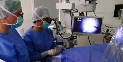 Erste Glaskörper-OP im Augenzentrum Zschopau - Assistiert von Jasmin Schmidt, führt Prof. Dr. Kai Januschowski eine der ersten ambulanten Netzhautoperationen im Zschopauer Augenzentrum durch. Der Bildschirm zeigt den Eingriff vergrößert. 