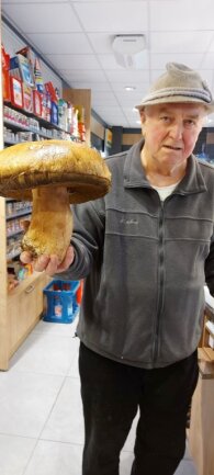 Erzgebirger findet 2,5 Kilogramm schweren Steinpilz - Helmut Unger aus Johanngeorgenstadt mit seinem besonderen Pilzfund, einem fünf Pfund schweren Steinpilz.