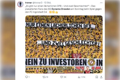 „Es gibt nur einen lächerlichen DFB“: Dynamo-Fans sorgen mit Geschlechter-Banner für Wirbel - „Es gibt nur einen lächerlichen DFB ...und zwei Geschlechter“ ist auf den Bannern der Dynamo-Fans zu lesen. (Screenshot)