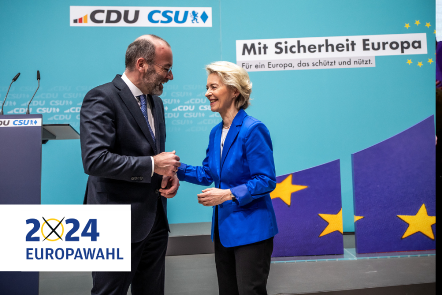 Europawahl 2024: Wie geht es nach der Wahl weiter? - Ursula von der Leyen, EU- Kommissionspräsidentin, steht neben Manfred Weber, Vorsitzender der EVP-Fraktion im Europaparlament, die bei der Euopwahl die stärkste Kraft wurde. 