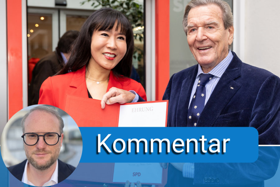 Hannover: Gerhard Schröder, Alt-Bundeskanzler, und seine Frau So-yeon Schröder-Kim stehen nach der Verleihung vor dem Kurt-Schumacher-Haus vor Medienvertretern.