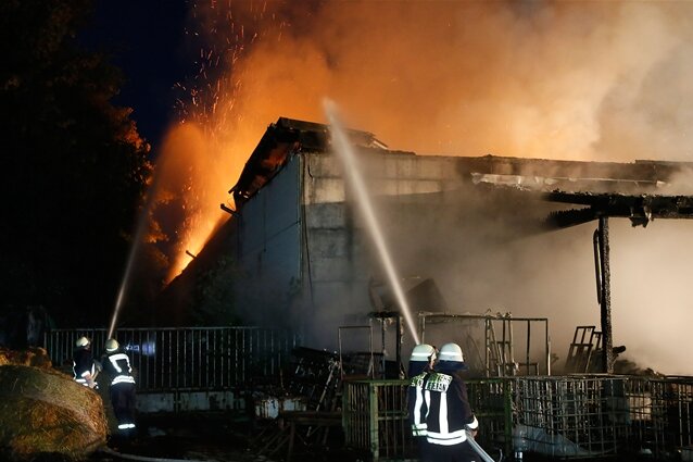 Feuer in Frankensteiner Futter-Lagerhalle - 130 Rettungskräfte waren im Einsatz, um den Lagerhallenbrand in Frankenstein zu löschen.