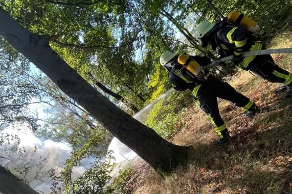 Die Einsatzkräfte der Freiwilligen Feuerwehr Mittweida löschten die brennende Laube, die in einem Waldgrundstück stand.