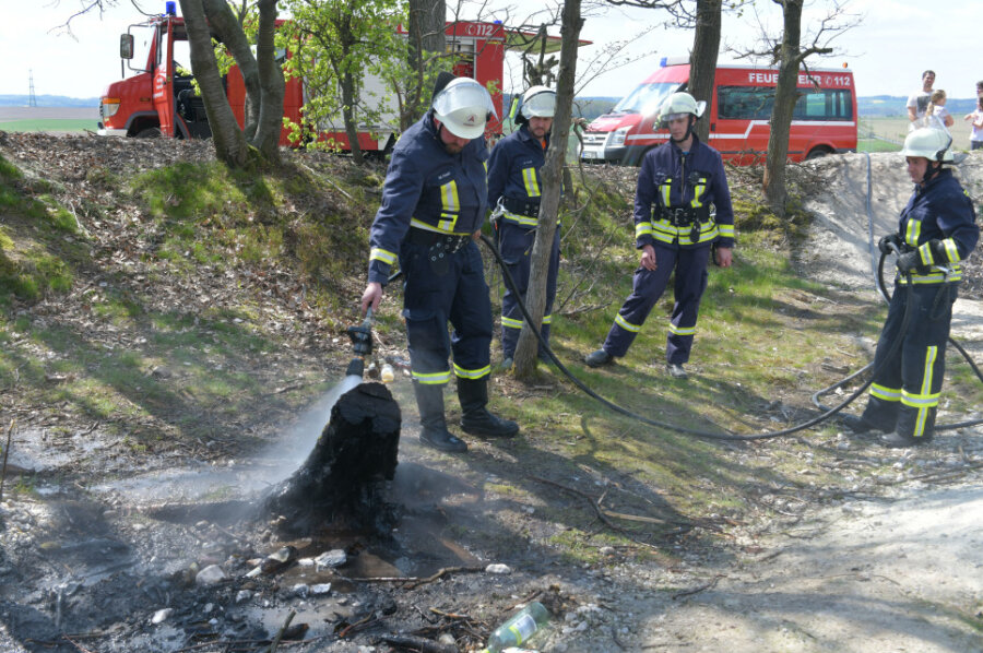 Feuerwehr löscht brennenden Baum in Naturschutzgebiet - Ein brennender Baumstamm hat am Sonntagmittag im Naturschutzgebiet "Kiesgrube" die Feuerwehr auf den Plan gerufen.