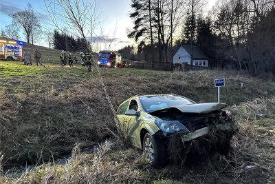 Feuerwehreinsatz in Auerbach: Opel rutscht Feld hinunter und landet im Bach - Ein Opel rutschte in Brunn einen Feldhang hinunter. Der Wagen kam erst im Eulenwasser (Pöltzsch) zum Stehen.