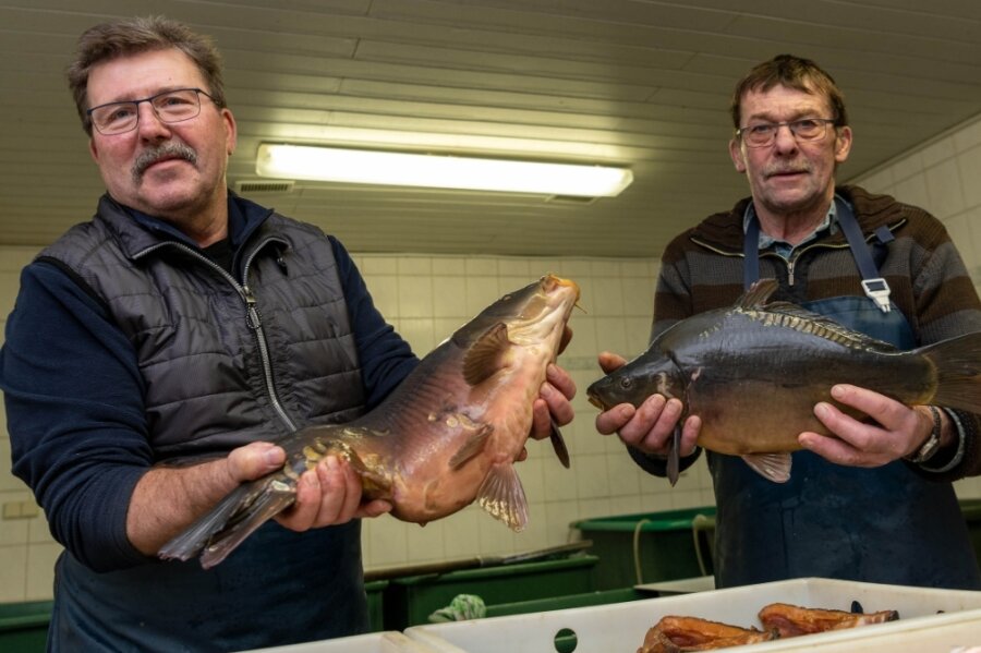 Im Fischhaus von Volker Fuhrmann (l.) und Gunter Schlegel in Schweikershain sind besonders zu Silvester die Karpfen gefragt. Nun suchen die beiden jemanden, der ihr Geschäft übernimmt. 