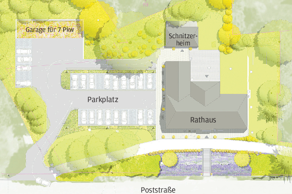 Fördergeld für Flächen am Jahnsdorfer Rathaus - So soll das Umfeld des Rathauses im Jahnsdorfer Ortsteil Leukersdorf neu gestaltet werden. Es entstehen eine neue Zufahrt und Parkplätze. Der Platz vor dem Gebäude wird offener gestaltet. 